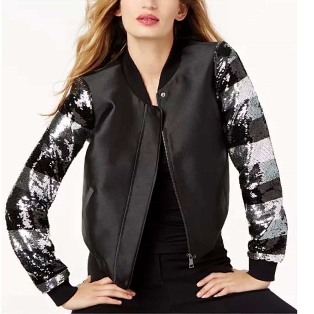 Sachin + Babi Black and Silver Sequin Bomber Jacket
